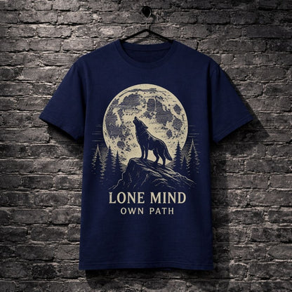 Navy blue t-shirt with a wolf howling at the moon graphic and text 'Lone Mind Own Path' on a brick wall background.