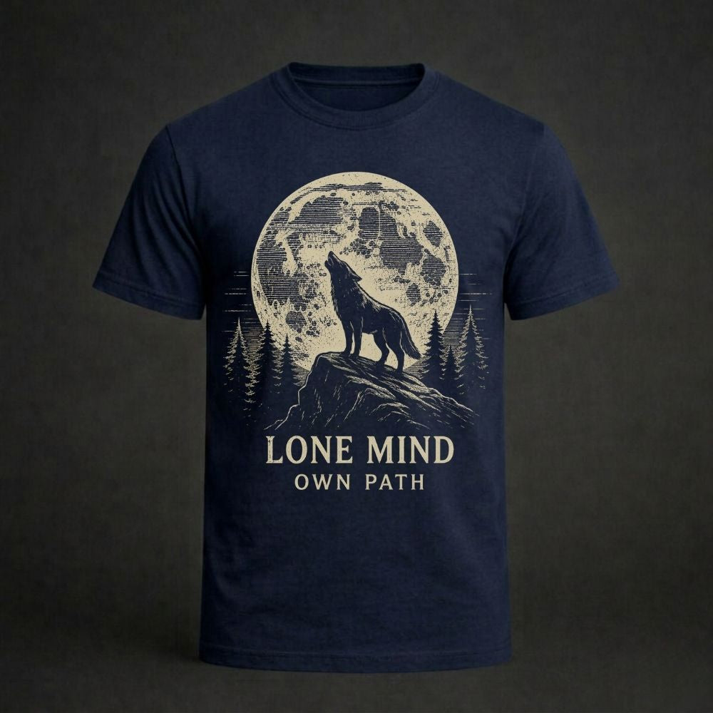 Navy blue t-shirt with a wolf howling at the moon graphic and text on a dark background