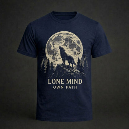 Navy blue t-shirt with a wolf howling at the moon graphic and text on a dark background