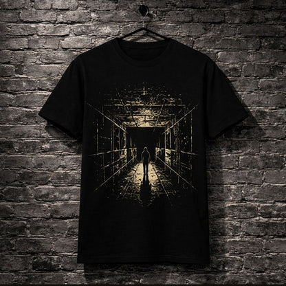 A black short-sleeve t-shirt hanging on a black hanger against a dark gray brick wall. The shirt features a detailed graphic print of a figure walking down a dark, empty hallway with a spotlight effect.