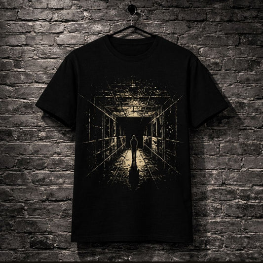 A black short-sleeve t-shirt hanging on a black hanger against a dark gray brick wall. The shirt features a detailed graphic print of a figure walking down a dark, empty hallway with a spotlight effect.