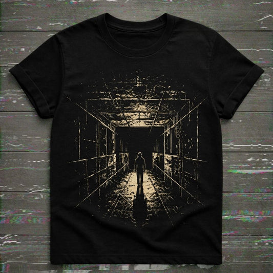 A black short-sleeve t-shirt with a distressed beige graphic print of a figure walking down a dark, empty hallway, laid flat on a dark wood plank background.