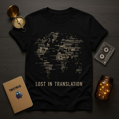 A black short-sleeve graphic T-shirt laid flat on a dark wood surface, surrounded by styled props including a compass, cassette tape, notebook, and mason jar with string lights. The shirt has a distressed world map graphic in light beige/cream and the text 'LOST IN TRANSLATION' near the bottom.