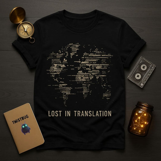 A black short-sleeve graphic T-shirt laid flat on a dark wood surface, surrounded by styled props including a compass, cassette tape, notebook, and mason jar with string lights. The shirt has a distressed world map graphic in light beige/cream and the text 'LOST IN TRANSLATION' near the bottom.
