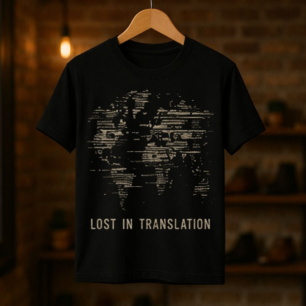 A black short-sleeve t-shirt hanging on a wooden hanger against a warm, blurred brick wall background. The shirt features a distressed, light beige graphic of a world map made of text, with the words 'LOST IN TRANSLATION' printed below in a matching beige font.
