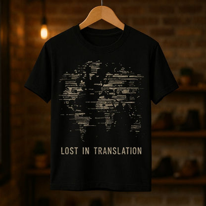 A black short-sleeve t-shirt hanging on a wooden hanger against a warm, blurred brick wall background. The shirt features a distressed, light beige graphic of a world map made of text, with the words 'LOST IN TRANSLATION' printed below in a matching beige font.