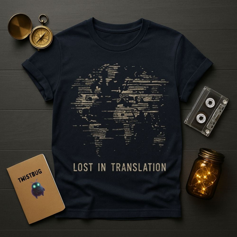 A navy blue graphic t-shirt with a distressed beige world map and the text 'LOST IN TRANSLATION' laid flat on a dark wood background, surrounded by vintage-style props including a pocket watch, cassette tape, notebook, and mason jar with string lights.