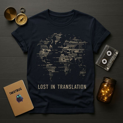 A navy blue graphic t-shirt with a distressed beige world map and the text 'LOST IN TRANSLATION' laid flat on a dark wood background, surrounded by vintage-style props including a pocket watch, cassette tape, notebook, and mason jar with string lights.