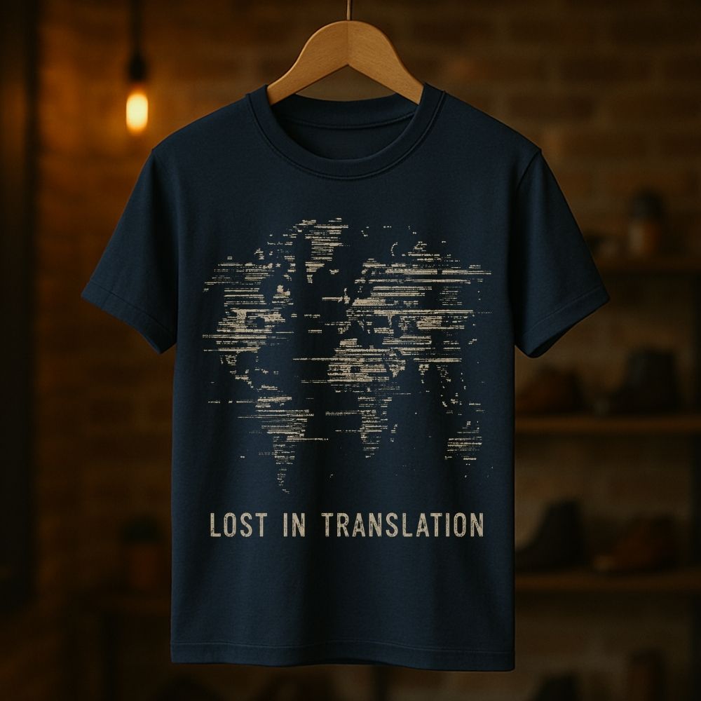A navy blue short-sleeve t-shirt hanging on a wooden hanger against a warm, blurred brick wall background. The shirt features a distressed beige graphic of a world map made of text, with the phrase 'LOST IN TRANSLATION' printed below in a matching beige font.