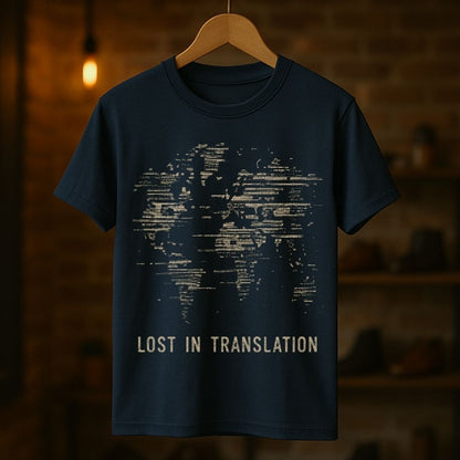 A navy blue short-sleeve t-shirt hanging on a wooden hanger against a warm, blurred brick wall background. The shirt features a distressed beige graphic of a world map made of text, with the phrase 'LOST IN TRANSLATION' printed below in a matching beige font.