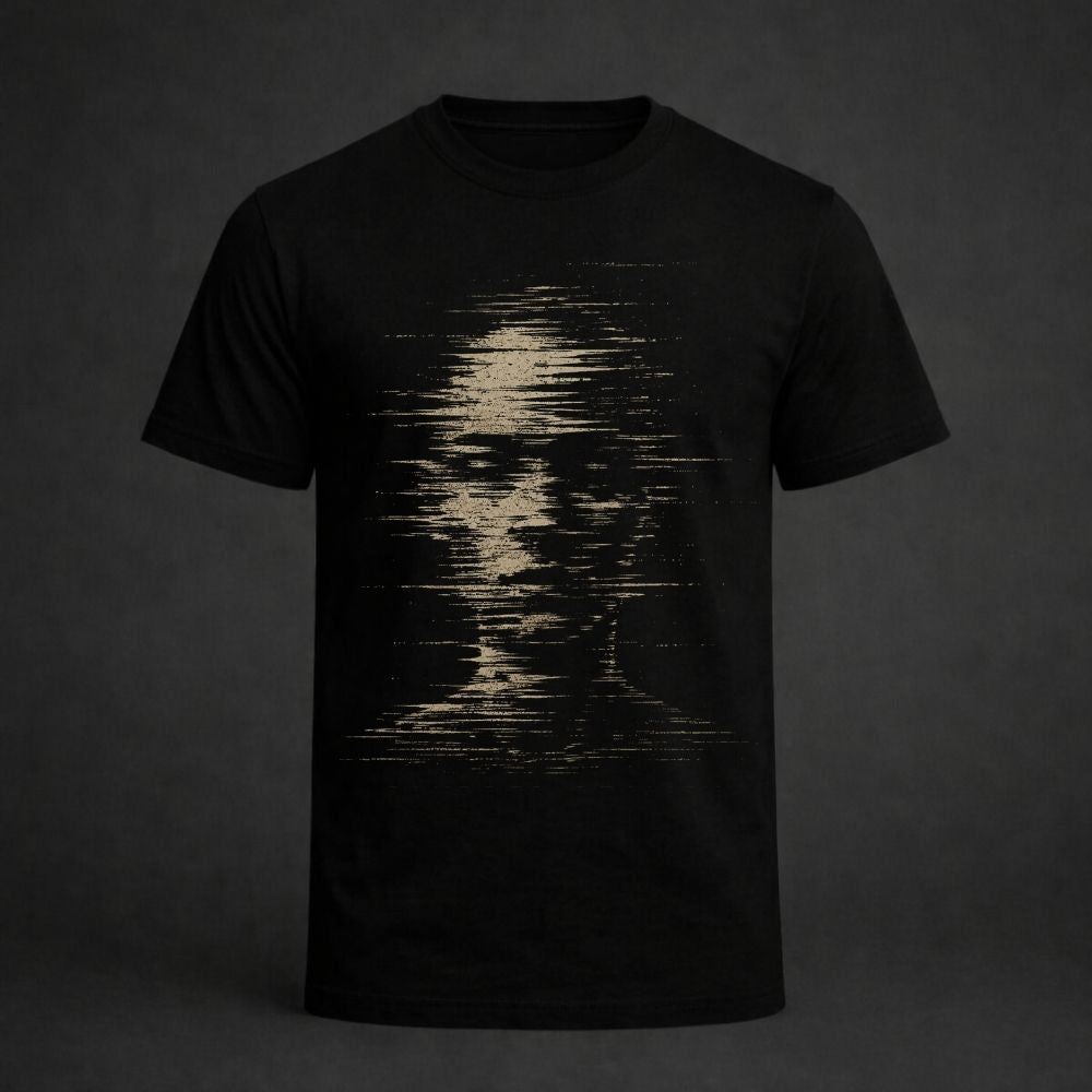 A black short-sleeve crewneck t-shirt featuring a distressed, pixelated graphic of a human face in a light beige or cream color on the front, displayed against a dark gray background.