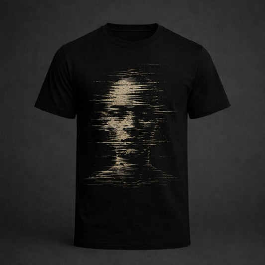 A black short-sleeve crewneck t-shirt featuring a distressed, pixelated graphic of a human face in a light beige or cream color on the front, displayed against a dark gray background.