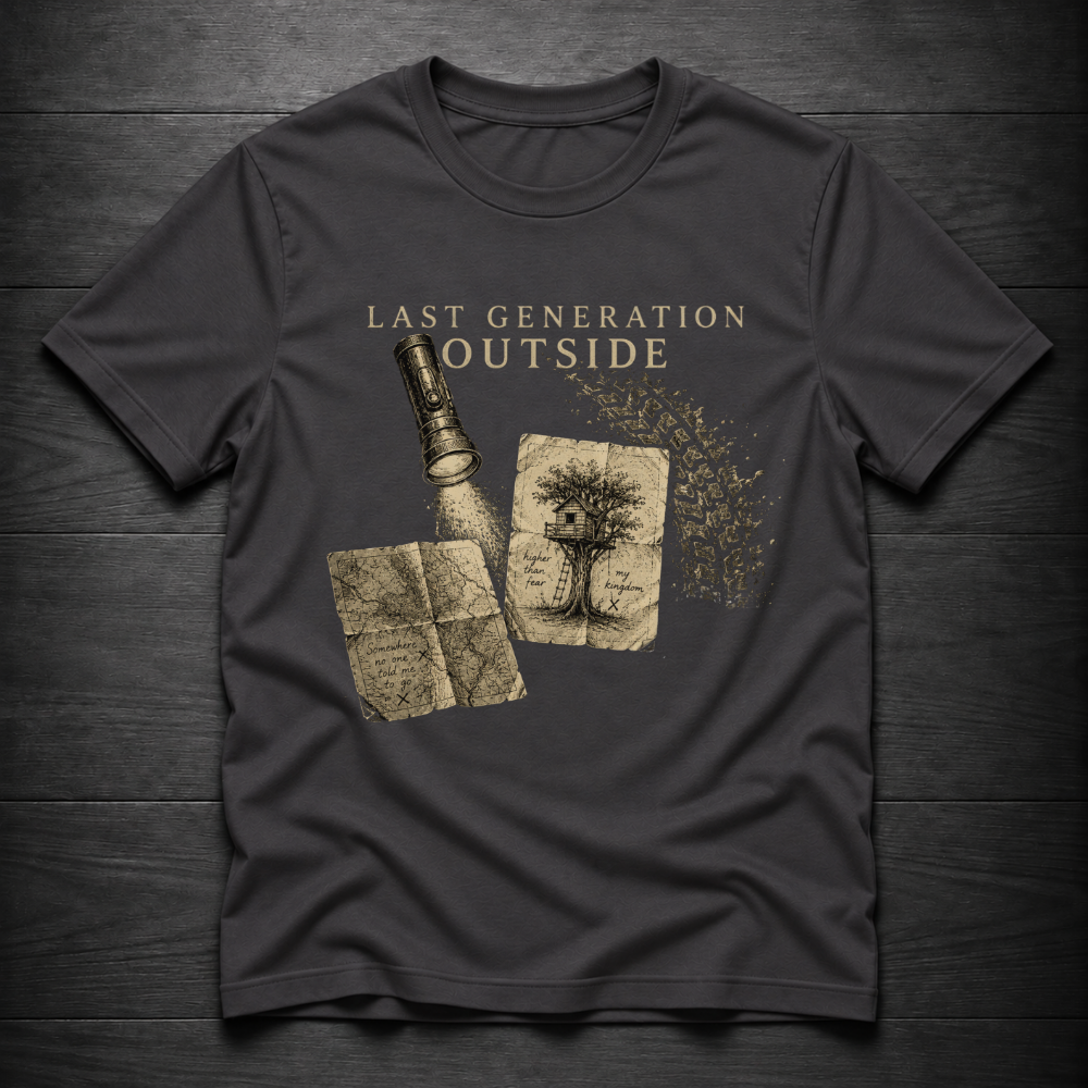 A dark charcoal gray t-shirt with a vintage-style graphic print featuring the text 'LAST GENERATION OUTSIDE' above an illustration of a flashlight illuminating old maps and a treehouse. The t-shirt is laid flat on a dark wood plank background.