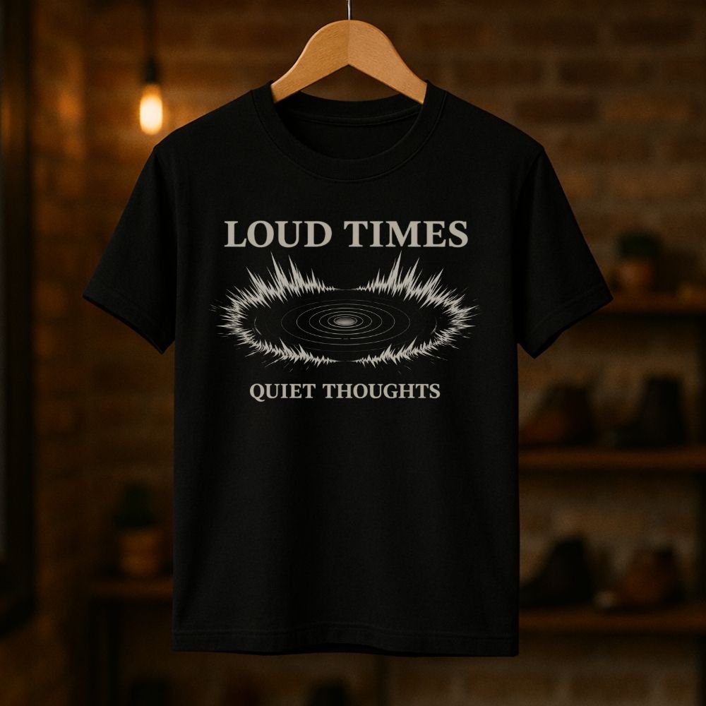 Black Loud Times Quiet Thoughts graphic t-shirt hanging on wooden hanger in warm studio with abstract soundwave vinyl design
