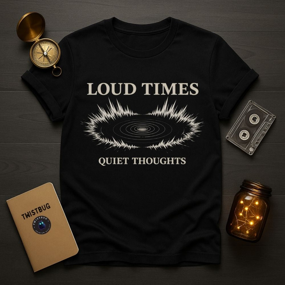 Black t-shirt with Loud Times Quiet Thoughts slogan and abstract vinyl soundwave graphic laid flat on dark studio desk with cassette tape and compass
