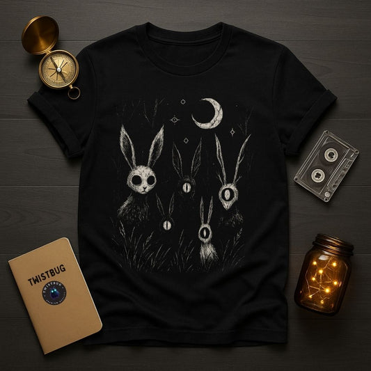 Black T-shirt flat lay featuring occult rabbit illustration with lunar symbols and night-inspired design