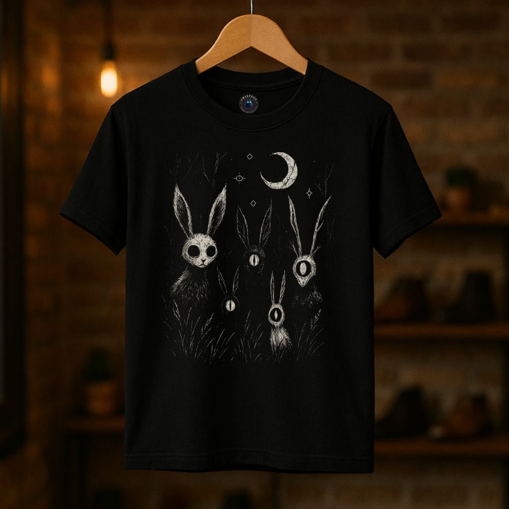 Black unisex T-shirt featuring surreal rabbit figures with moon and occult symbolism