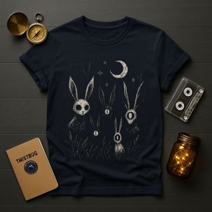 Navy T-shirt flat lay with surreal rabbit moon artwork, dark mystical illustration on unisex tee