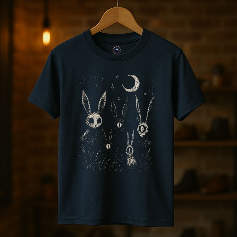 Navy blue T-shirt with surreal rabbit and moon illustration, dark mystical graphic design