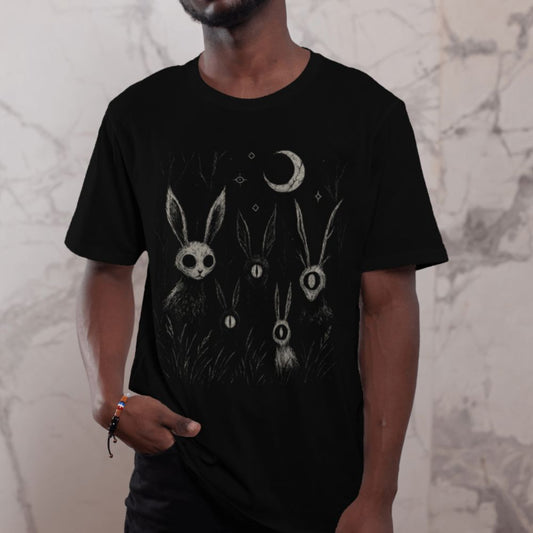 Male model wearing black mystical rabbit T-shirt featuring lunar and symbolic artwork