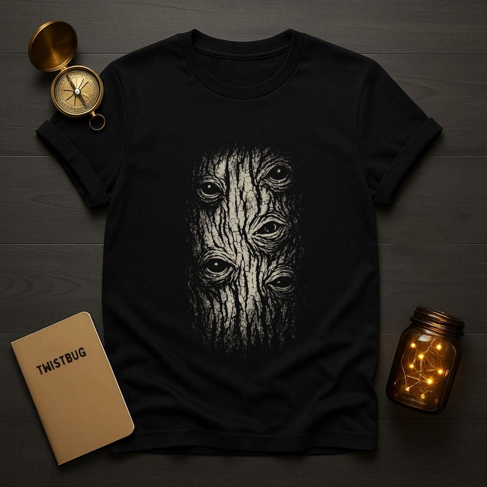 Black t-shirt with tree face design on a wooden surface with a compass, notebook, and jar.