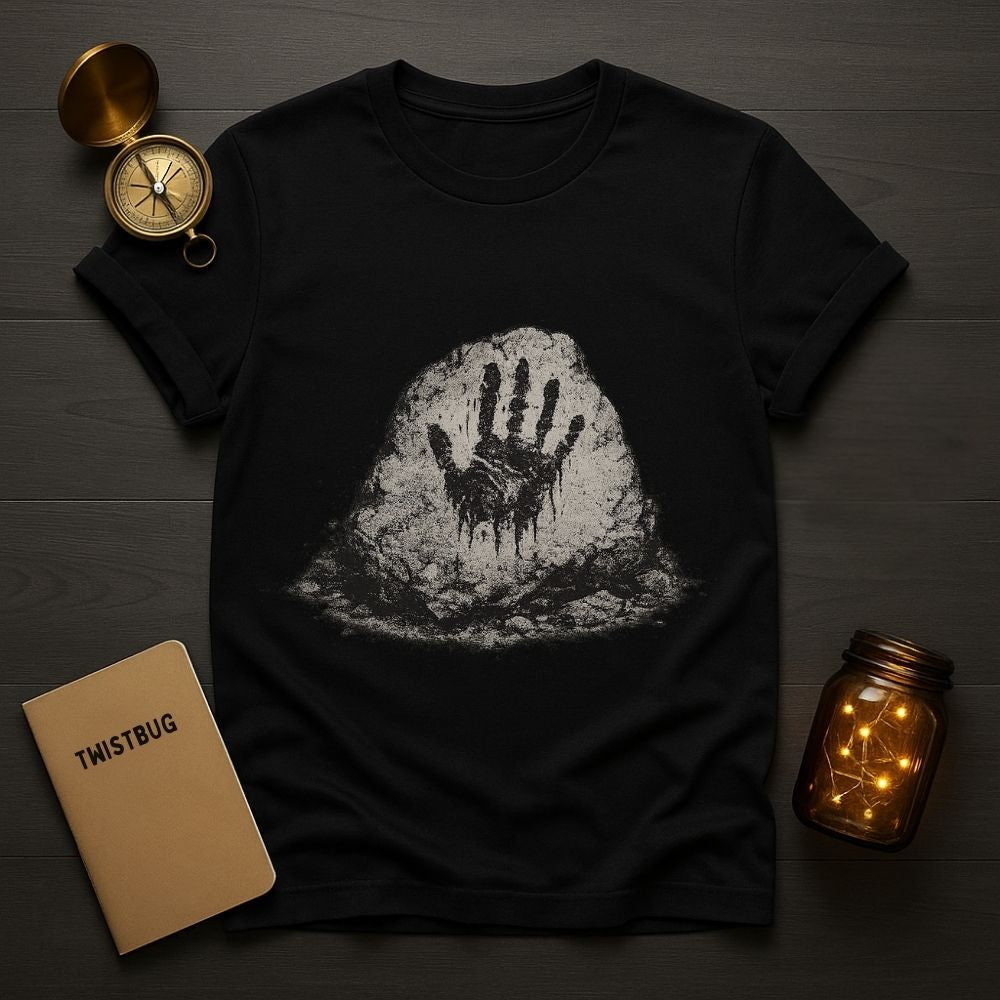 Black t-shirt with handprint design on a wooden surface with a compass, notebook, and jar.