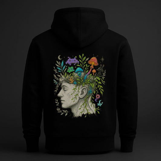 Black hoodie featuring a surreal illustration of a human head with plants, mushrooms, and symbolic elements growing from the mind.