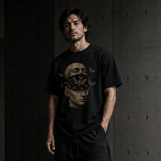 Man wearing a black t-shirt with a graphic design against a dark background