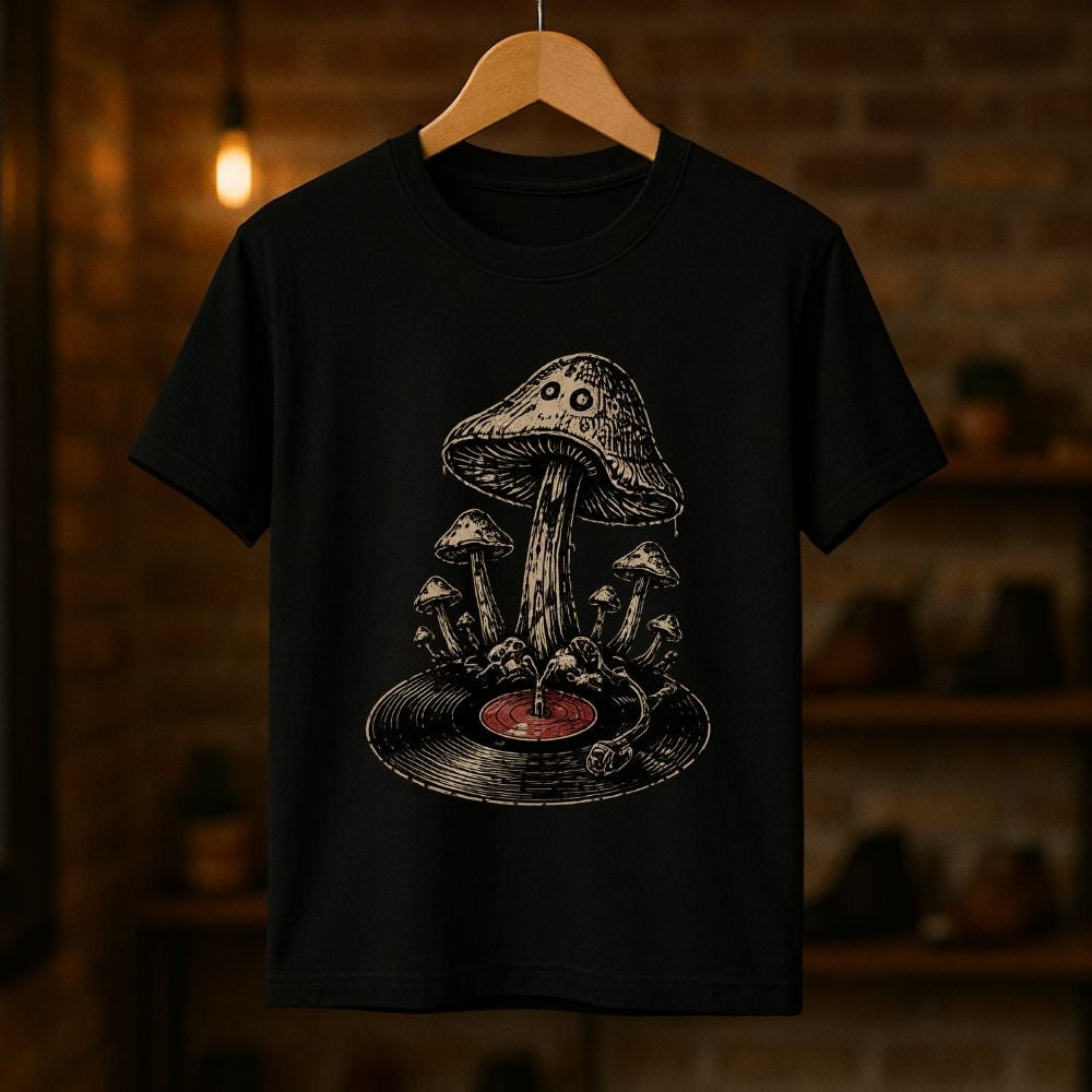 A black short-sleeve t-shirt hanging on a wooden hanger against a warm, blurred brick wall background. The shirt features a detailed graphic print of a mushroom growing out of a vinyl record, with a red center label.