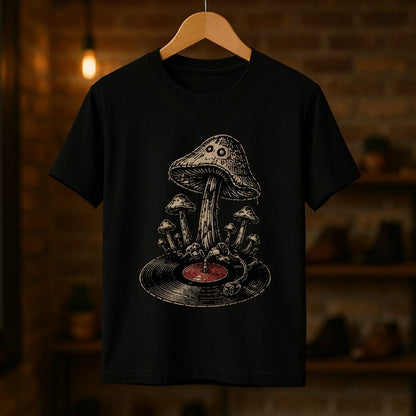 A black short-sleeve t-shirt hanging on a wooden hanger against a warm, blurred brick wall background. The shirt features a detailed graphic print of a mushroom growing out of a vinyl record, with a red center label.