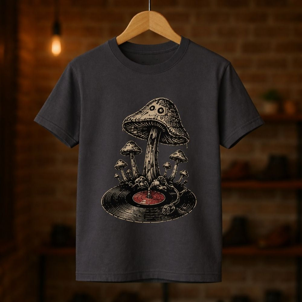 A dark charcoal gray t-shirt hanging on a wooden hanger against a warm, blurred brick wall background. The t-shirt features a detailed graphic print of a smiling mushroom growing from a vinyl record with a red center.