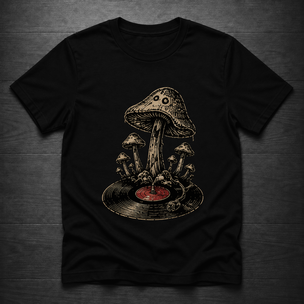 A black short-sleeve t-shirt with a detailed graphic of mushrooms growing from a vinyl record, displayed flat on a dark wood background.