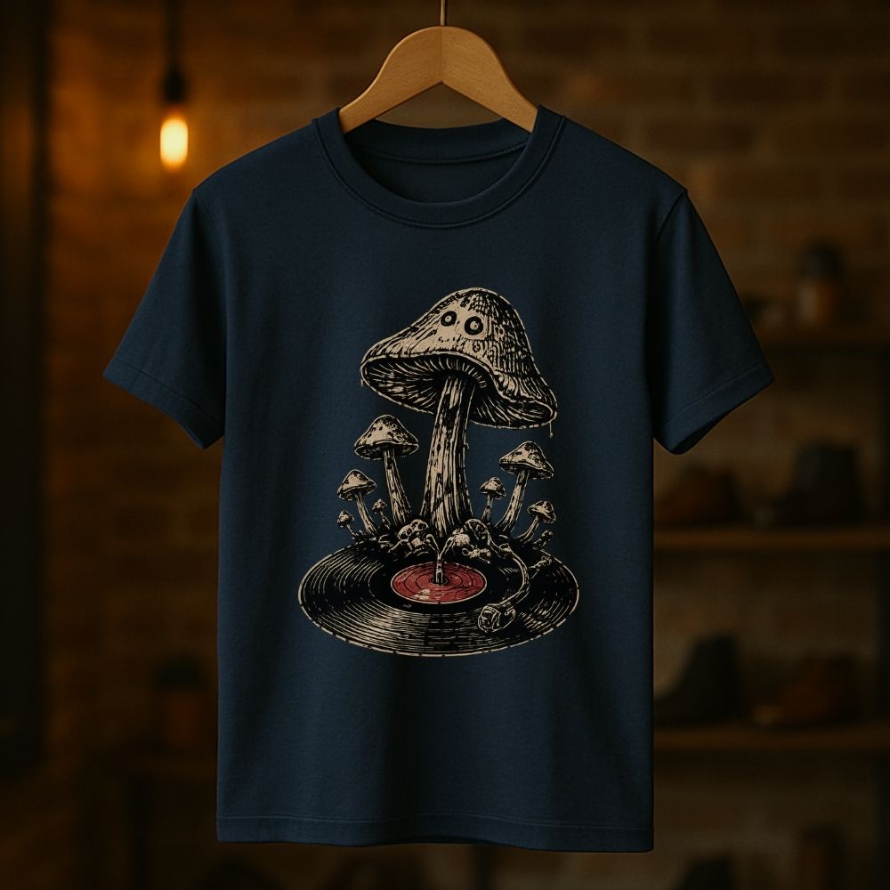 A navy blue short-sleeve t-shirt hanging on a wooden hanger against a warm, blurred brick wall background. The shirt features a detailed graphic print of a smiling mushroom growing on a vinyl record.