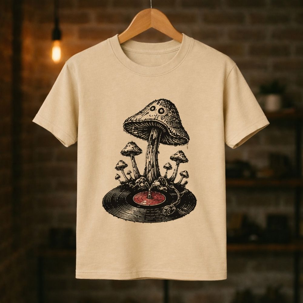 A cream-colored short-sleeve t-shirt hanging on a wooden hanger against a blurred brick wall background. The shirt features a detailed black ink-style graphic of a mushroom growing from a vinyl record with a small red center.