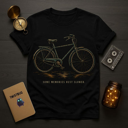 A black graphic t-shirt featuring a vintage bicycle design and the text 'SOME MEMORIES RUST SLOWER.' in a styled flat-lay arrangement on a dark wood background, surrounded by a compass, notebook, cassette tape, and a glowing mason jar.