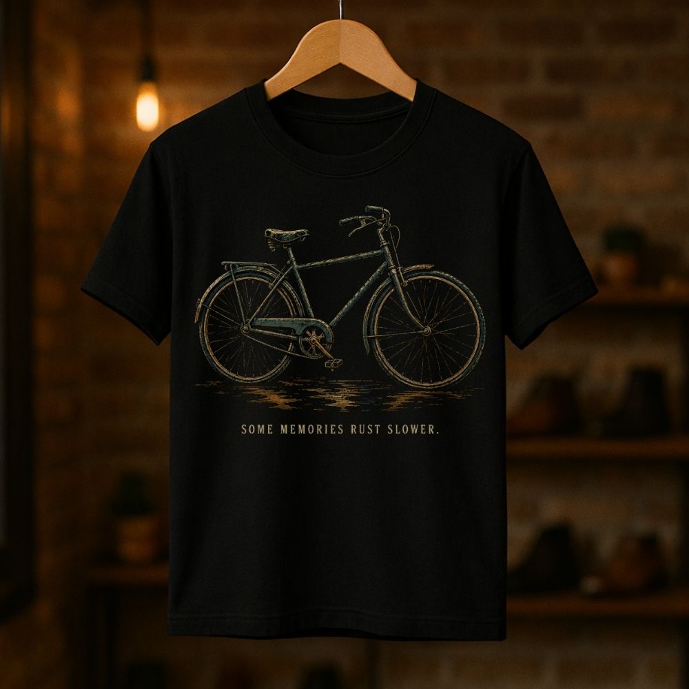 A black short-sleeve t-shirt hanging on a wooden hanger against a warm, blurred brick wall background. The shirt features a vintage-style bicycle graphic in muted green and brown tones, with the text 'SOME MEMORIES RUST SLOWER.