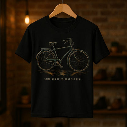 A black short-sleeve t-shirt hanging on a wooden hanger against a warm, blurred brick wall background. The shirt features a vintage-style bicycle graphic in muted green and brown tones, with the text 'SOME MEMORIES RUST SLOWER.