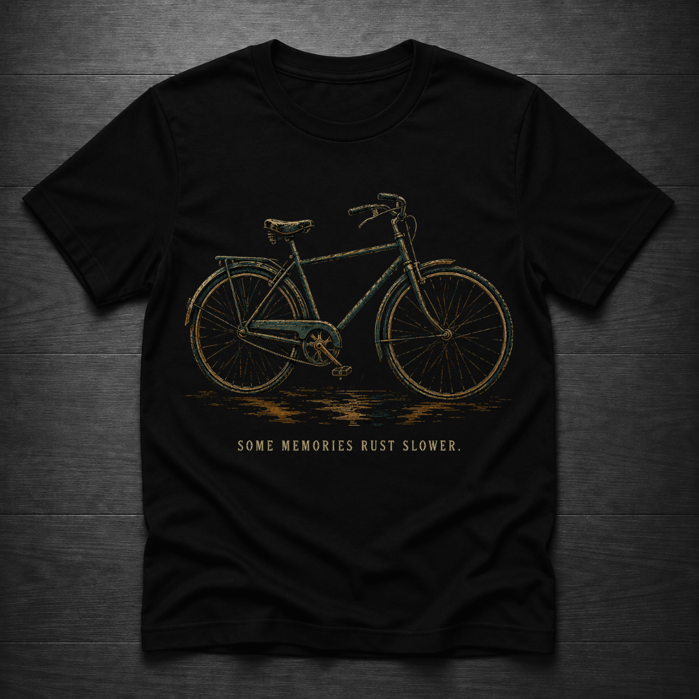 A black short-sleeve crewneck t-shirt featuring a vintage bicycle graphic in muted green and gold, with the text 'SOME MEMORIES RUST SLOWER.' printed below, displayed flat on a dark wood background.
