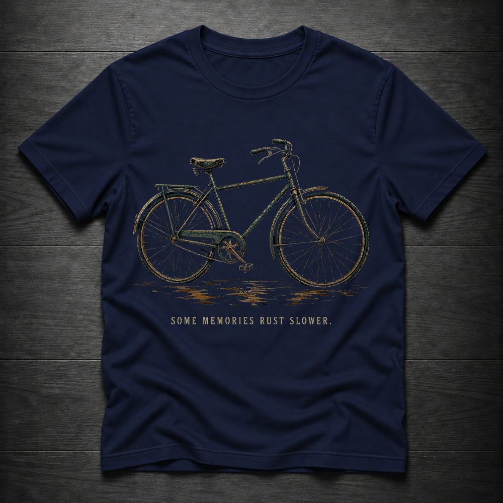 A navy blue short-sleeve t-shirt with a vintage-style bicycle graphic in muted gold and green tones, featuring the text 'SOME MEMORIES RUST SLOWER.' underneath, displayed flat on a dark wood background.