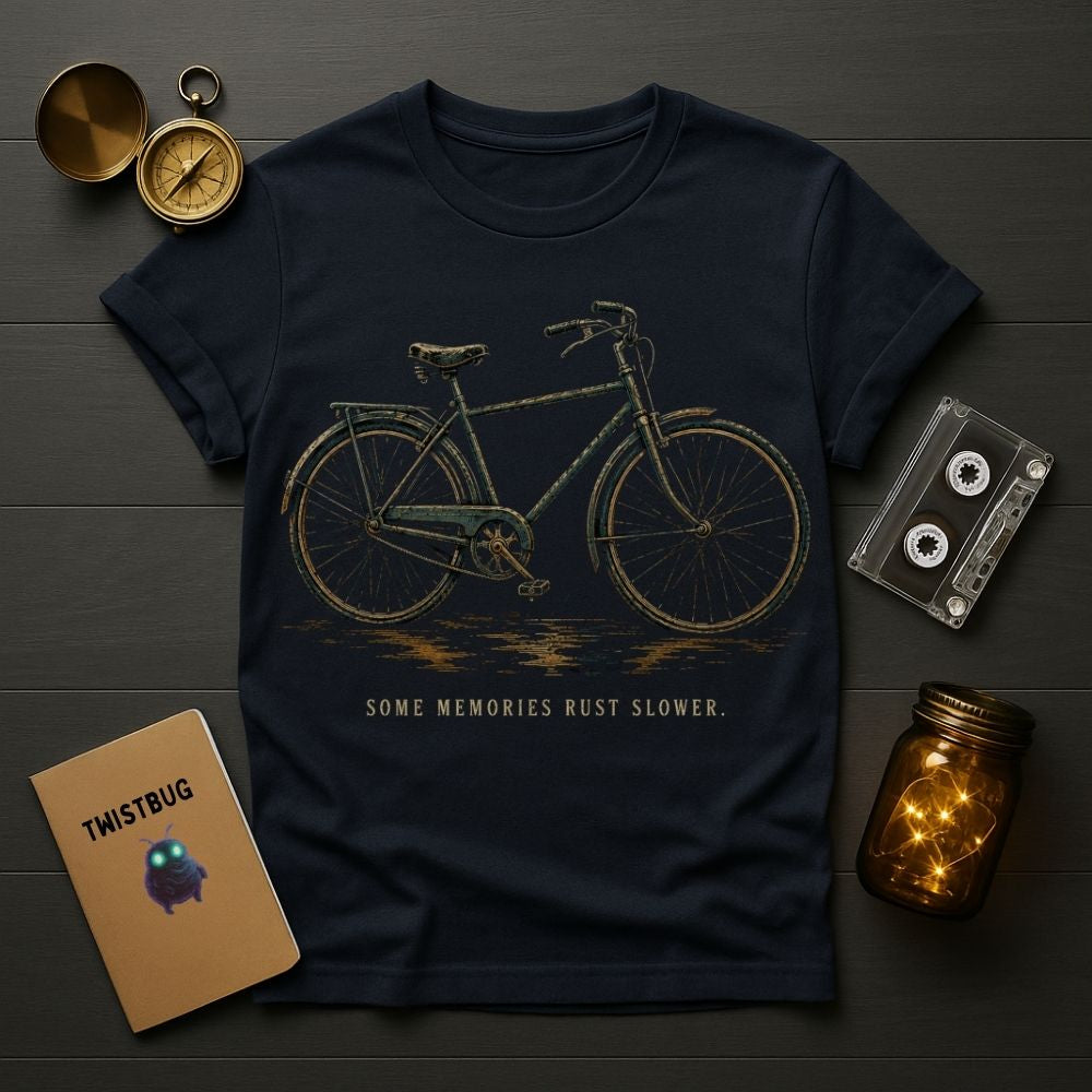 A navy blue graphic t-shirt featuring a vintage bicycle design and the text 'SOME MEMORIES RUST SLOWER.' laid flat on a dark wood background, surrounded by styled props including a pocket watch, cassette tape, notebook, and glowing mason jar.