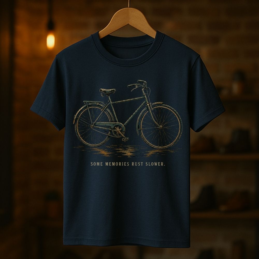 A navy blue short-sleeve t-shirt hanging on a wooden hanger against a warm, blurred brick wall background. The shirt features a vintage-style bicycle graphic in a rusty gold/beige color with the text 'SOME MEMORIES RUST SLOWER.