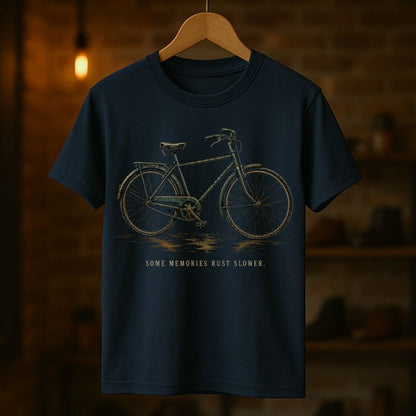 A navy blue short-sleeve t-shirt hanging on a wooden hanger against a warm, blurred brick wall background. The shirt features a vintage-style bicycle graphic in a rusty gold/beige color with the text 'SOME MEMORIES RUST SLOWER.