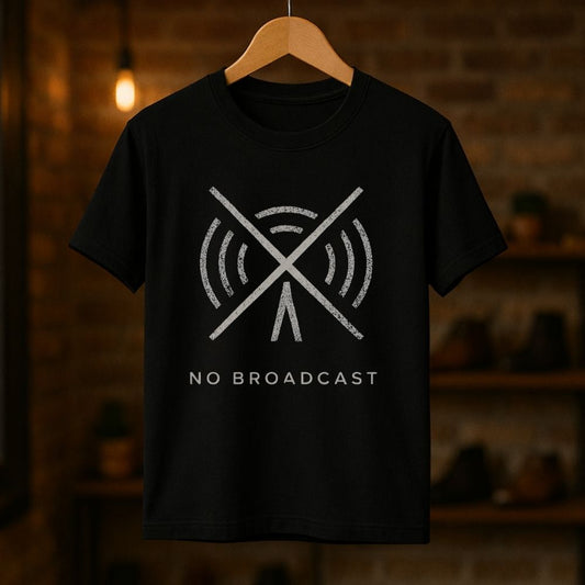 Black No Broadcast streetwear graphic t-shirt with crossed signal icon