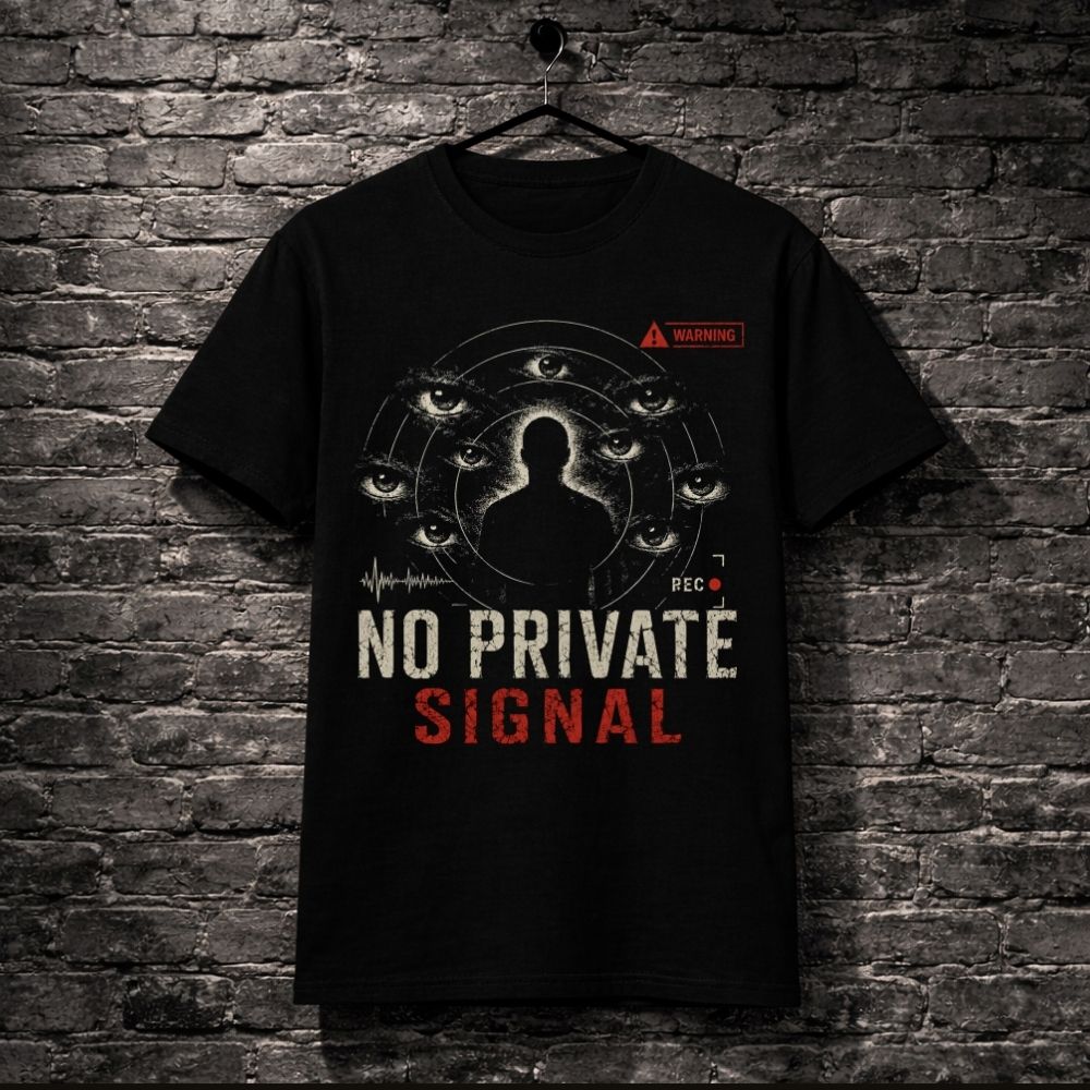Black t-shirt with graphic design and text 'No Private Signal' on a brick wall background