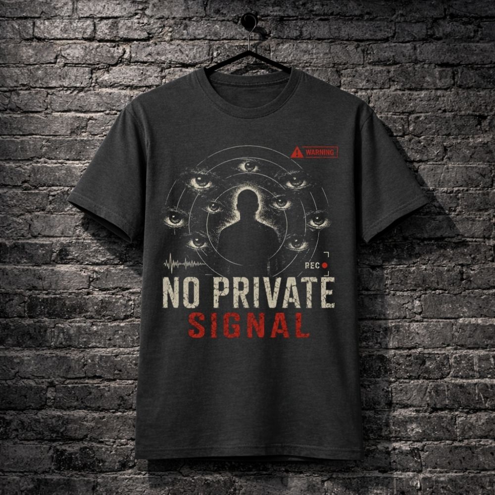 Black t-shirt with 'No Private Signal' graphic design on a brick wall background