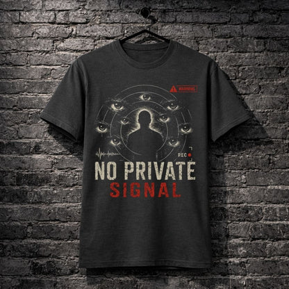 Black t-shirt with 'No Private Signal' graphic design on a brick wall background