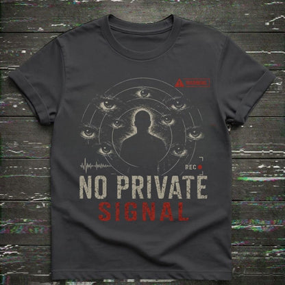 Black t-shirt with graphic design and text on a wooden surface