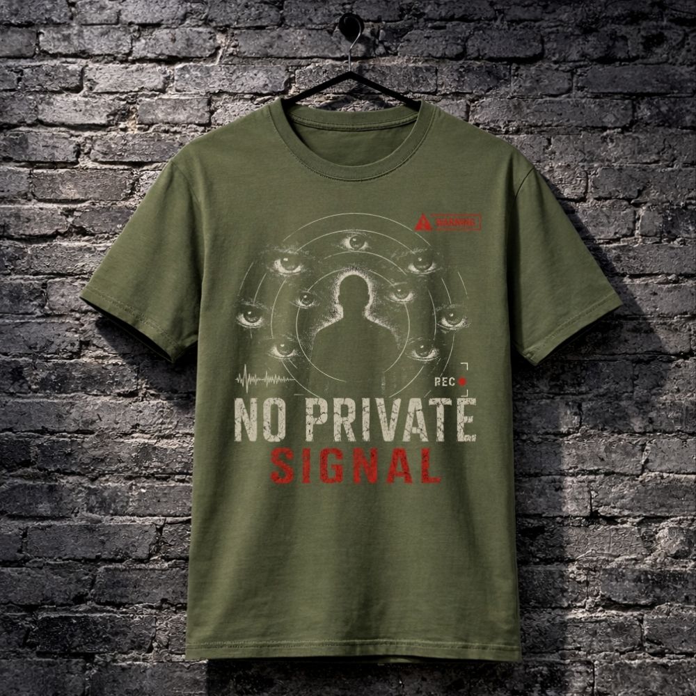 Green t-shirt with 'No Private Signal' design on a brick wall background
