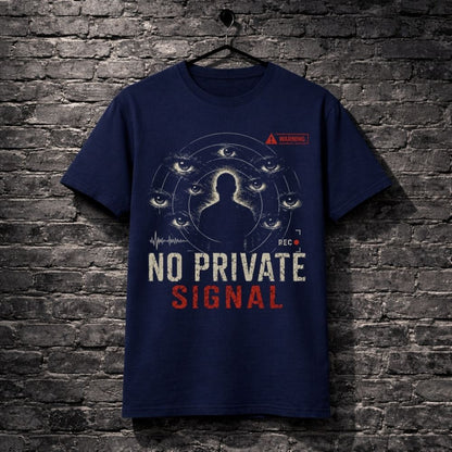 Navy blue t-shirt with graphic design and text 'No Private Signal' on a brick wall background