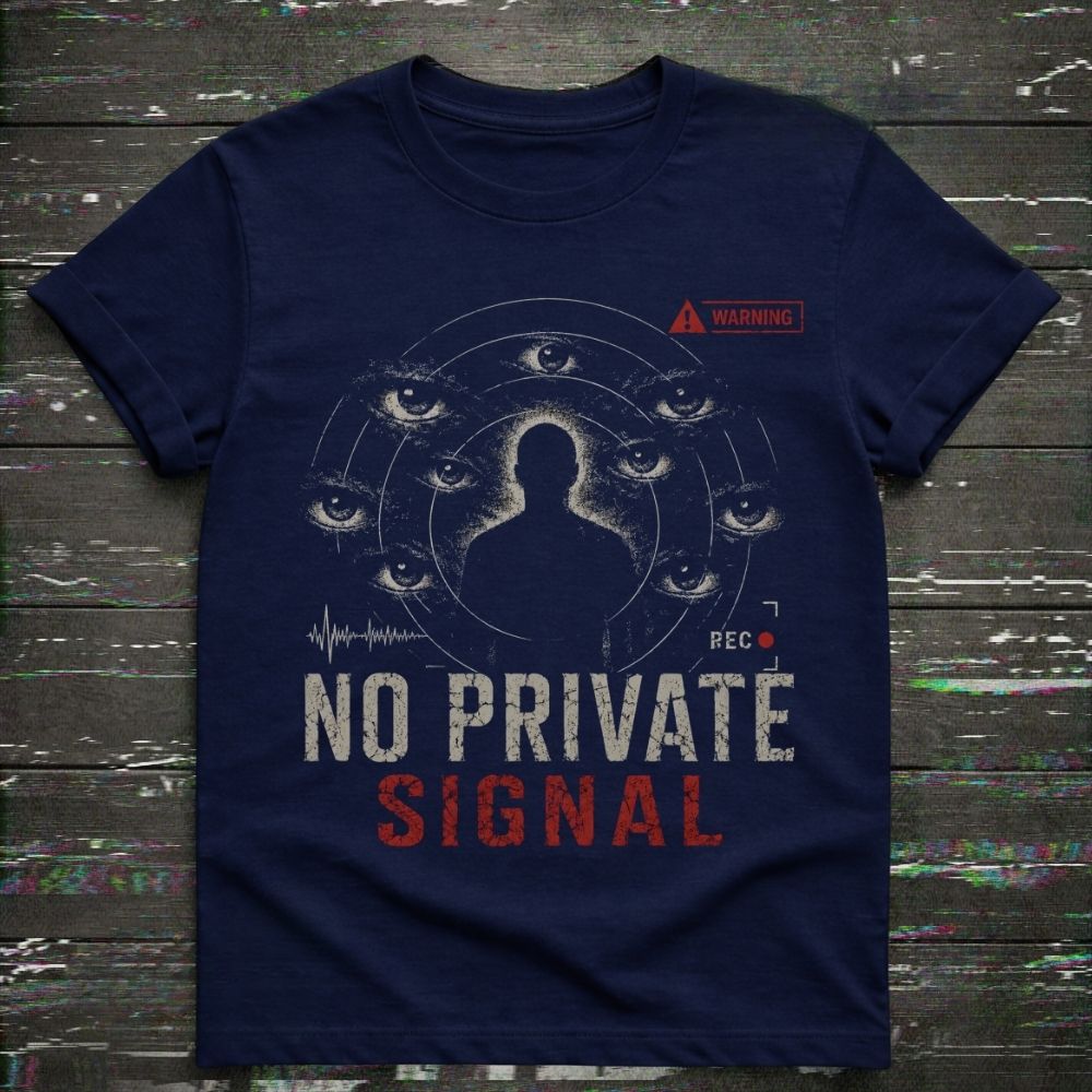 Navy blue t-shirt with graphic design and text on a textured dark background